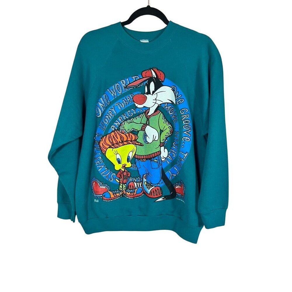 Vintage Looney Tunes Graphic Sweatshirt Green L Sylvester Tweety Bird Music 1995